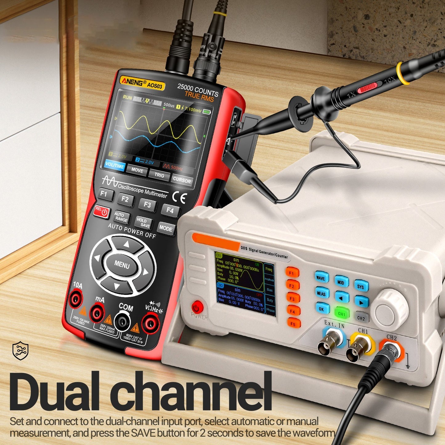 3-in-1 Professional Handheld Oscilloscope Multimeter & Signal Generator, Dual Channel, 50MHz, 280MSa/s, 25000-Count Digital Voltmeter