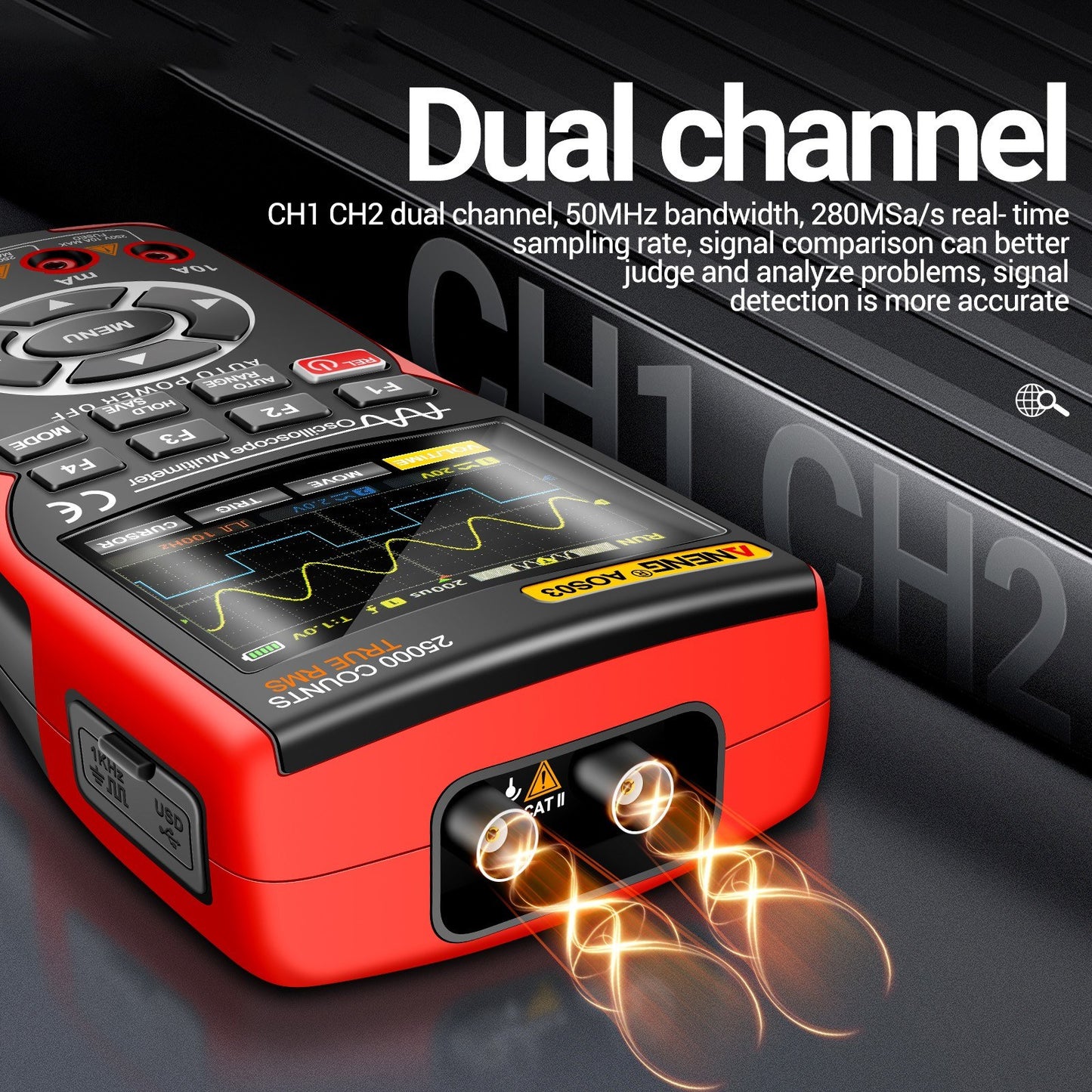 3-in-1 Professional Handheld Oscilloscope Multimeter & Signal Generator, Dual Channel, 50MHz, 280MSa/s, 25000-Count Digital Voltmeter