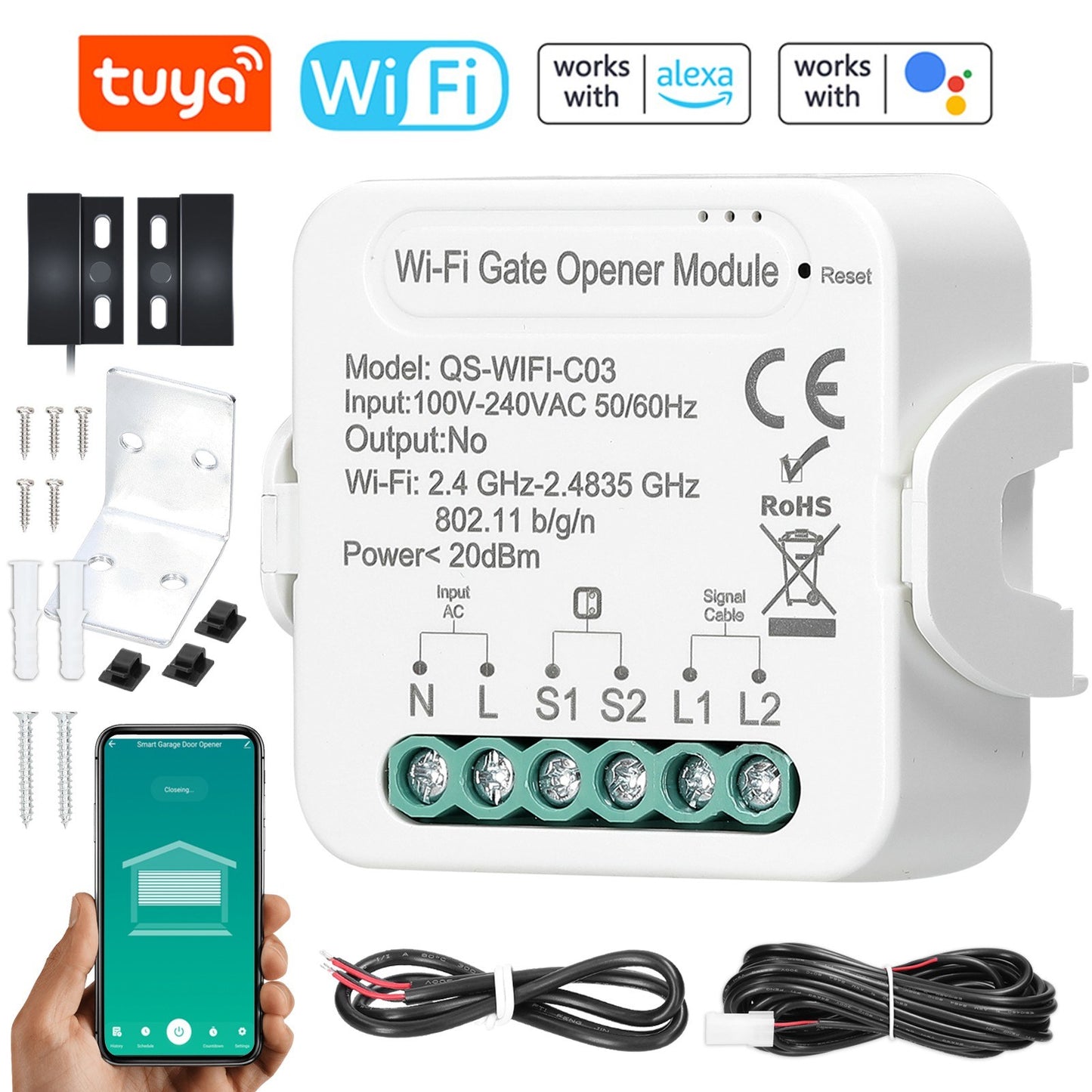 Tuya Smart WiFi Garage Door Opener with Mobile App & Voice Control, Alexa & Google Home Compatible
