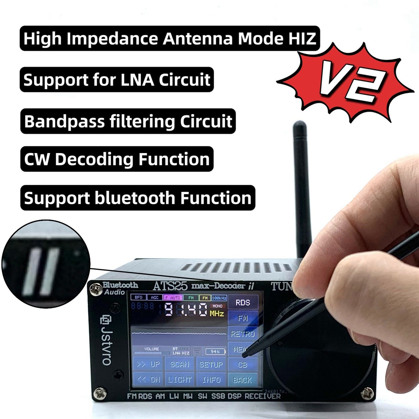ATS-25MAX V2 2.4 Touchscreen Portable Full Band Radio Receiver with HAM, CW Decoding, WiFi, LNA, and Bluetooth
