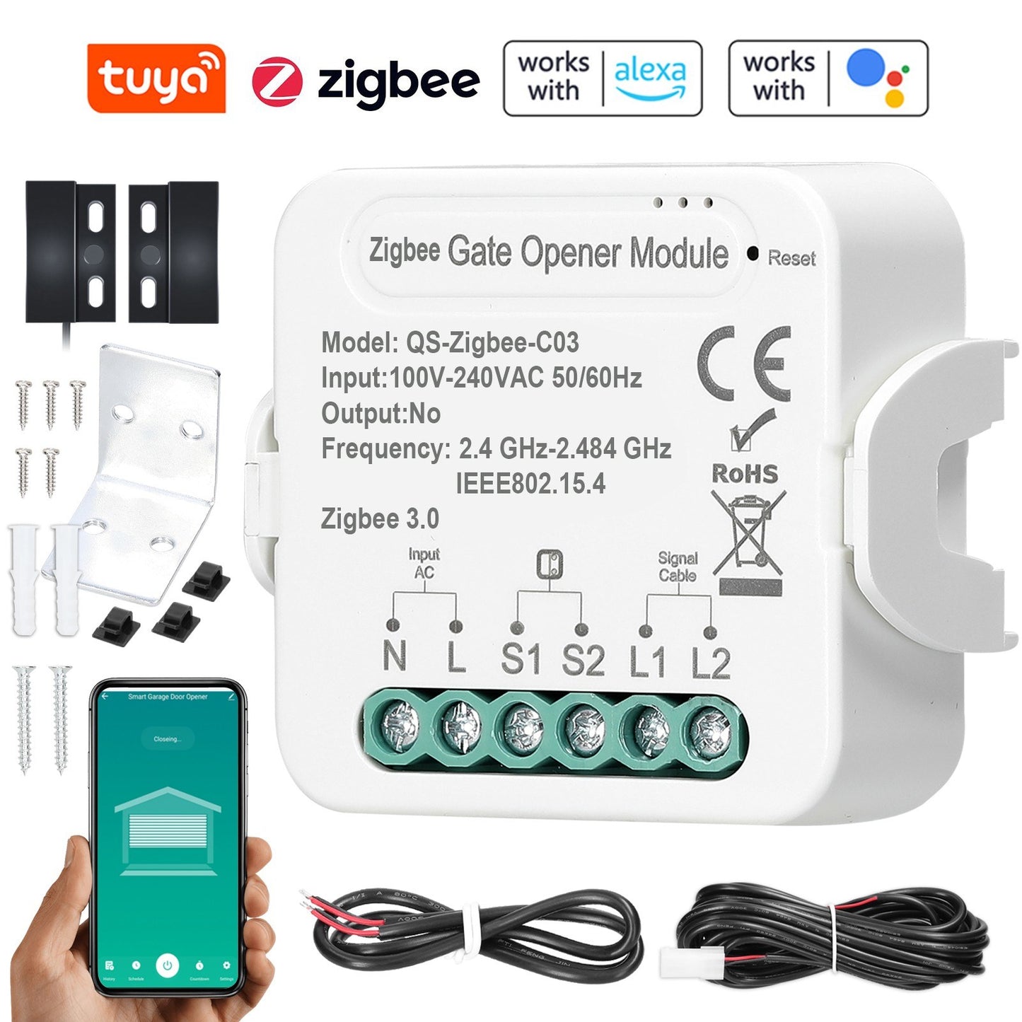 Smart ZigBee Garage Door Opener with App & Voice Control - Tuya Compatible with Alexa & Google Home