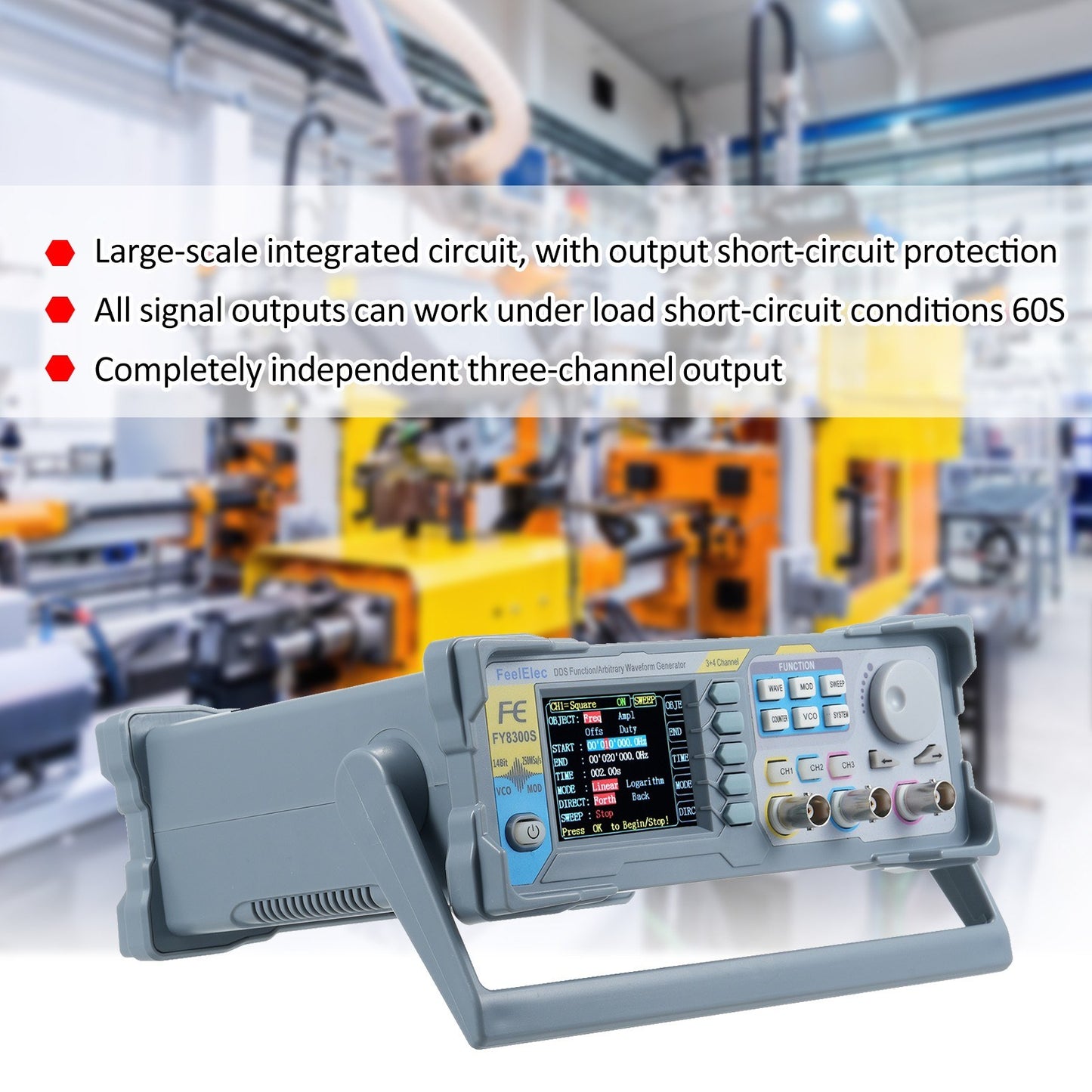 FeelElec FY8300S-60M 60MHz 3-Channel Signal Generator with 4 TTL Outputs and DC Bias Function