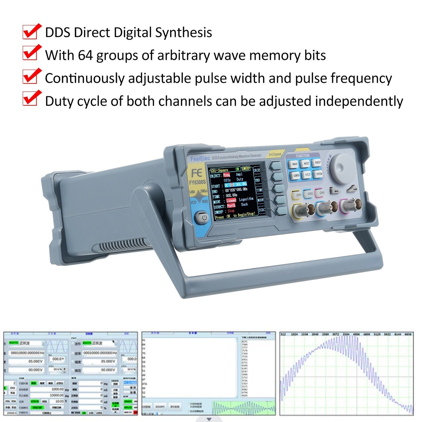 FeelElec FY8300S-60M 60MHz 3-Channel Signal Generator with 4 TTL Outputs and DC Bias Function