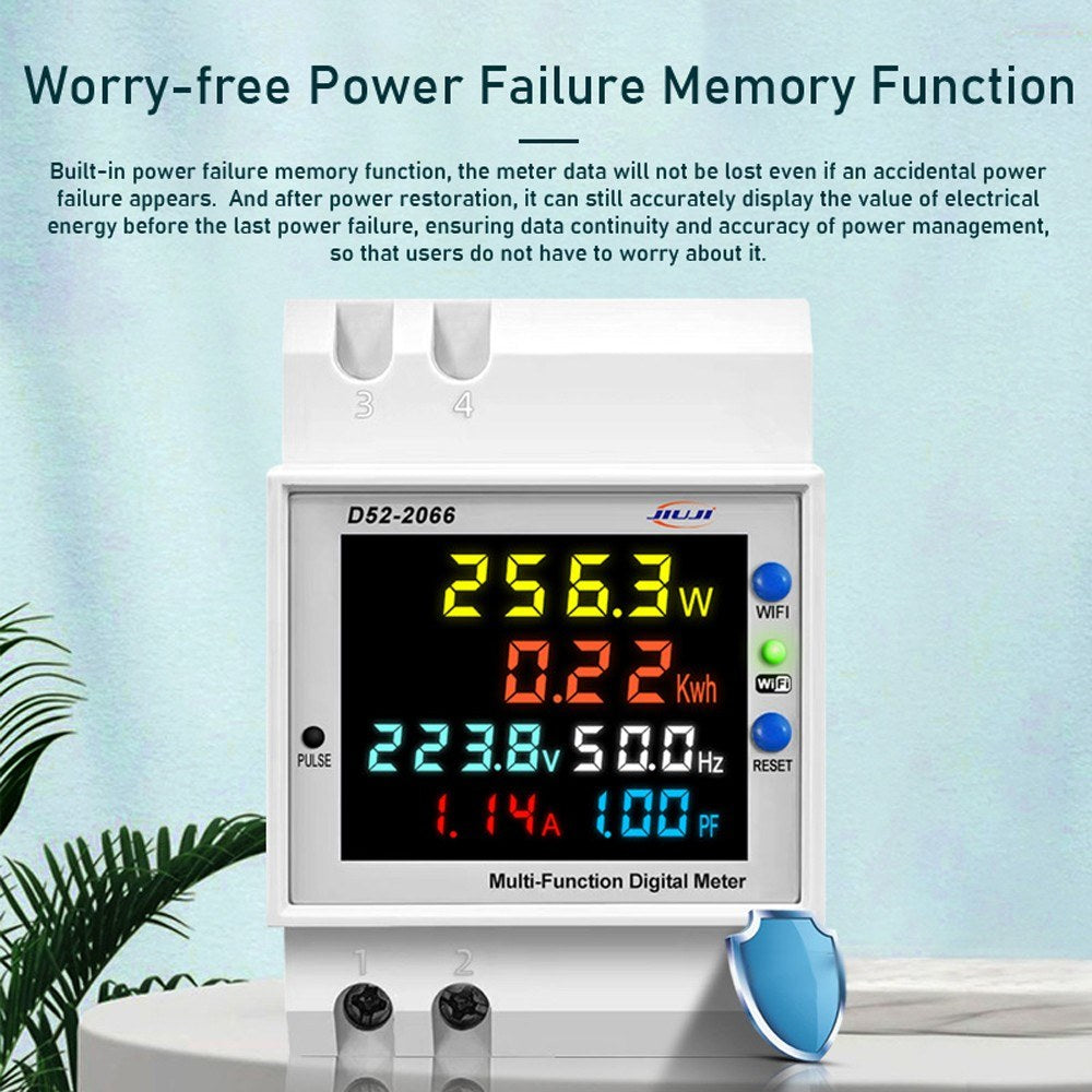 Smart WiFi Digital Electricity Meter with Power Failure Memory, DIN-Rail Mount