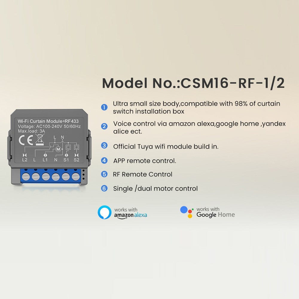 Smart WiFi Curtain Switch Module, App & Voice Control, Compatible with Google Home & Amazon Alexa