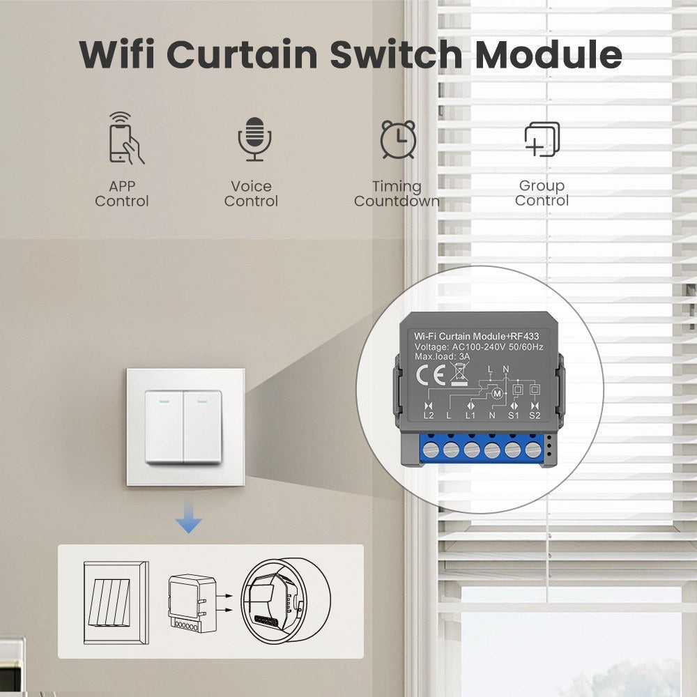 Smart WiFi Curtain Switch Module, App & Voice Control, Compatible with Google Home & Amazon Alexa