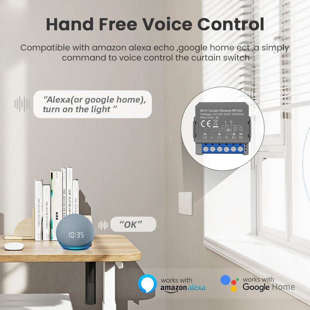 Smart WiFi Curtain Switch Module, App & Voice Control, Compatible with Google Home & Amazon Alexa