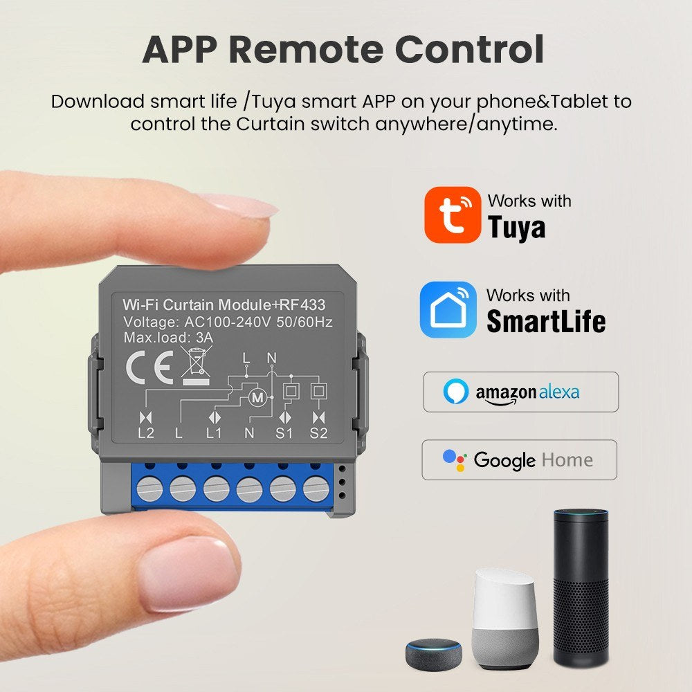 Smart WiFi Curtain Switch Module, App & Voice Control, Compatible with Google Home & Amazon Alexa
