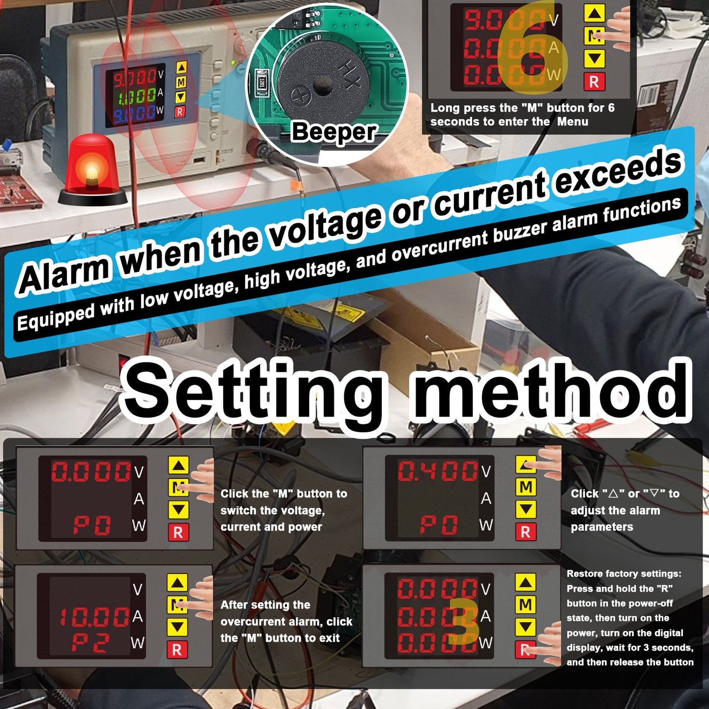 BM730 3-in-1 Digital Voltage Current Power Meter with Buzzer & Alarm Function