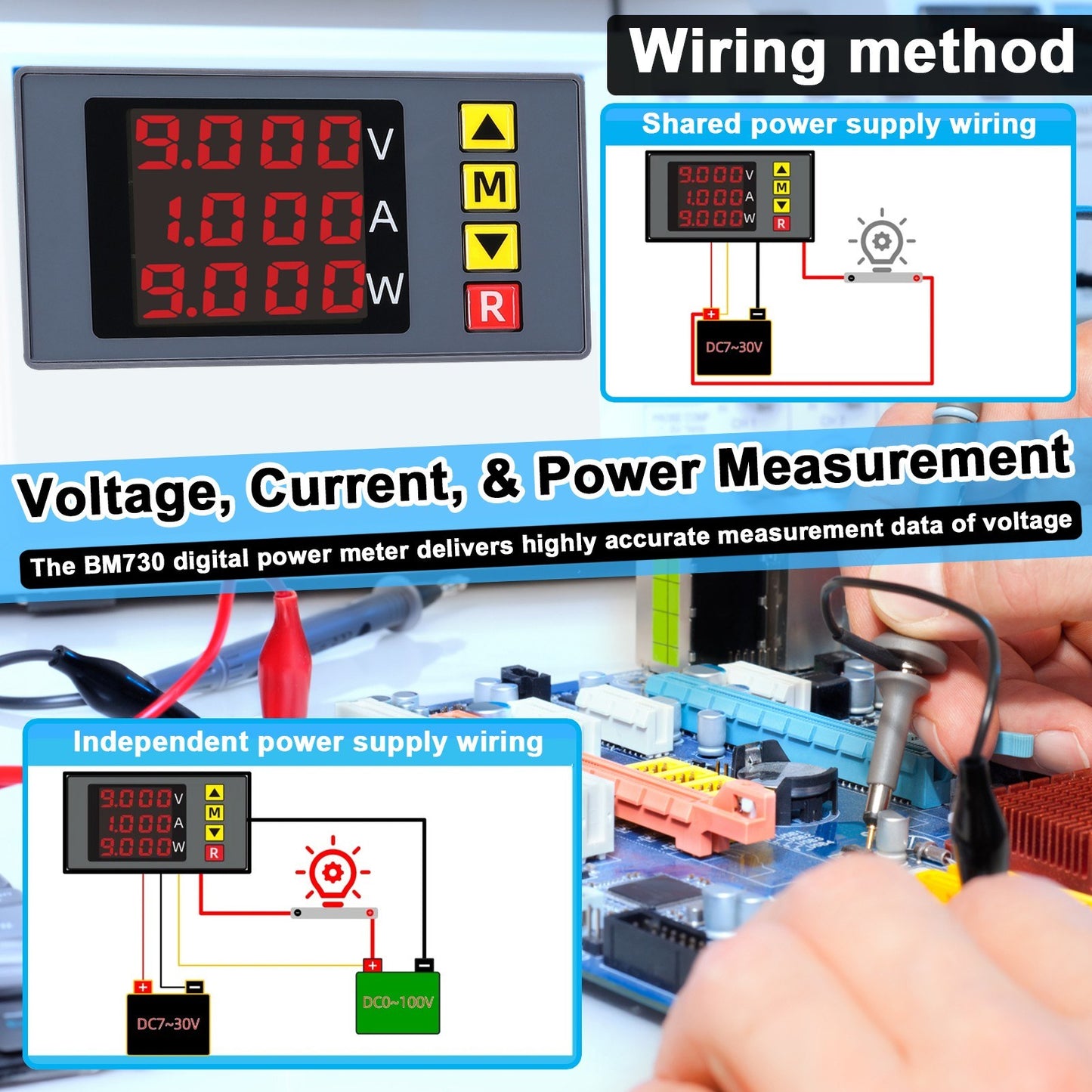 BM730 3-in-1 Digital Voltage Current Power Meter with Buzzer & Alarm Function