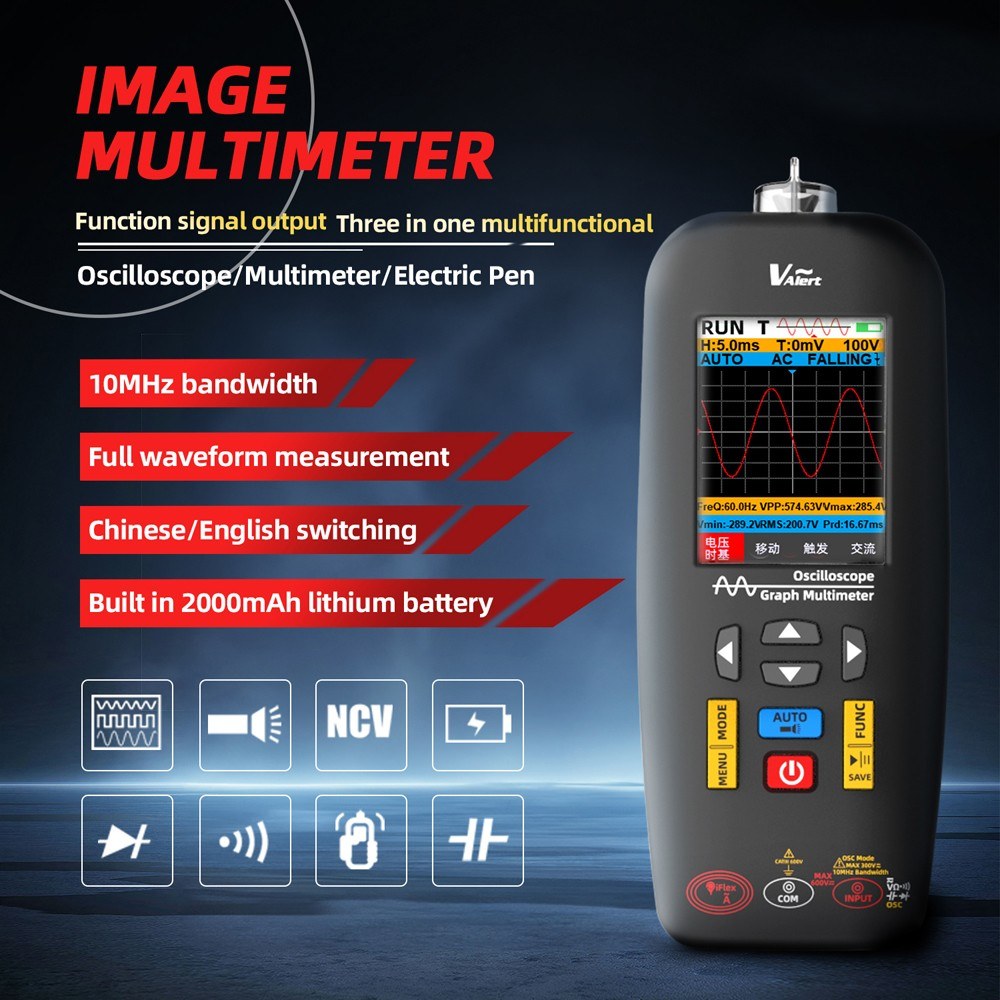 Handheld 3-in-1 Oscilloscope Multimeter Test Pen, 2.8 TFT Display, 10MHz Bandwidth, Data Storage - Ideal for DIY and Electronics Testing