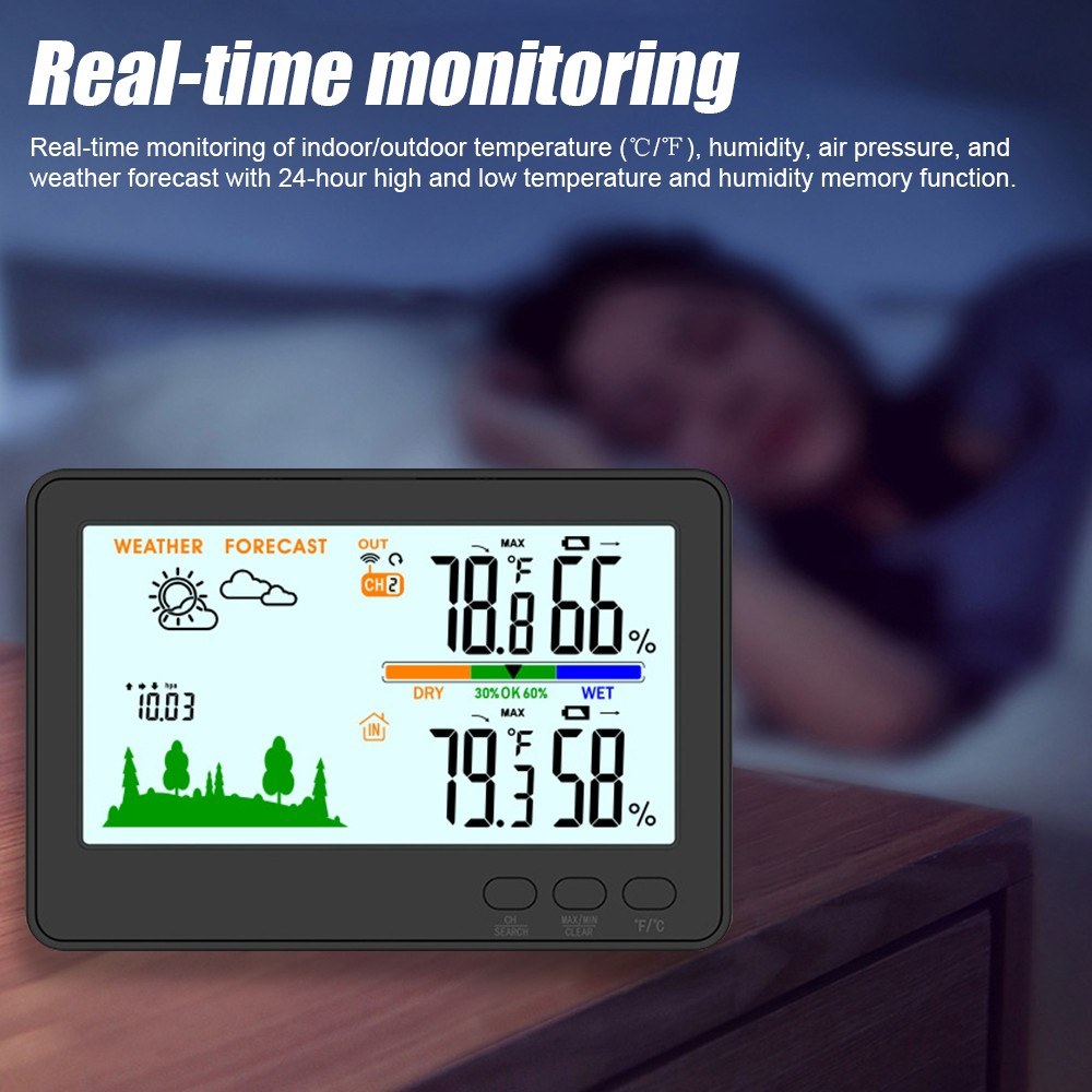 433MHz Wireless Indoor Outdoor Weather Station with LCD Backlit Thermometer Hygrometer, 328ft/100m Range, Barometric Pressure Display & Low Battery Alert