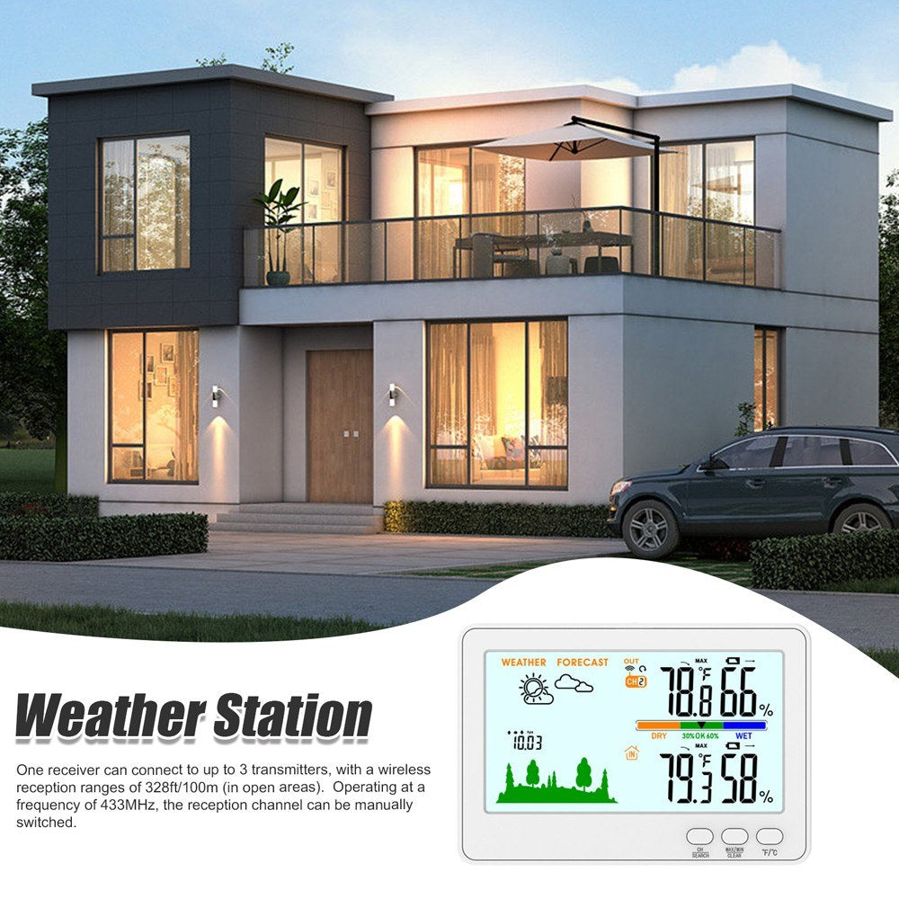 433MHz Wireless Indoor Outdoor Weather Station with LCD Backlit Thermometer Hygrometer, 328ft/100m Range, Barometric Pressure Display & Low Battery Alert