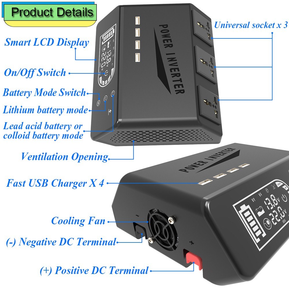 1000W Pure Sine Wave Portable Car Power Inverter with USB & LCD Display