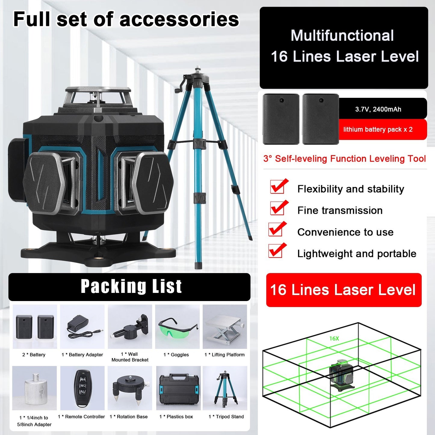16-Line Multifunction Laser Level with Rechargeable Battery & Adjustable Tripod - Self-Leveling, Waterproof Home Improvement Tool Set