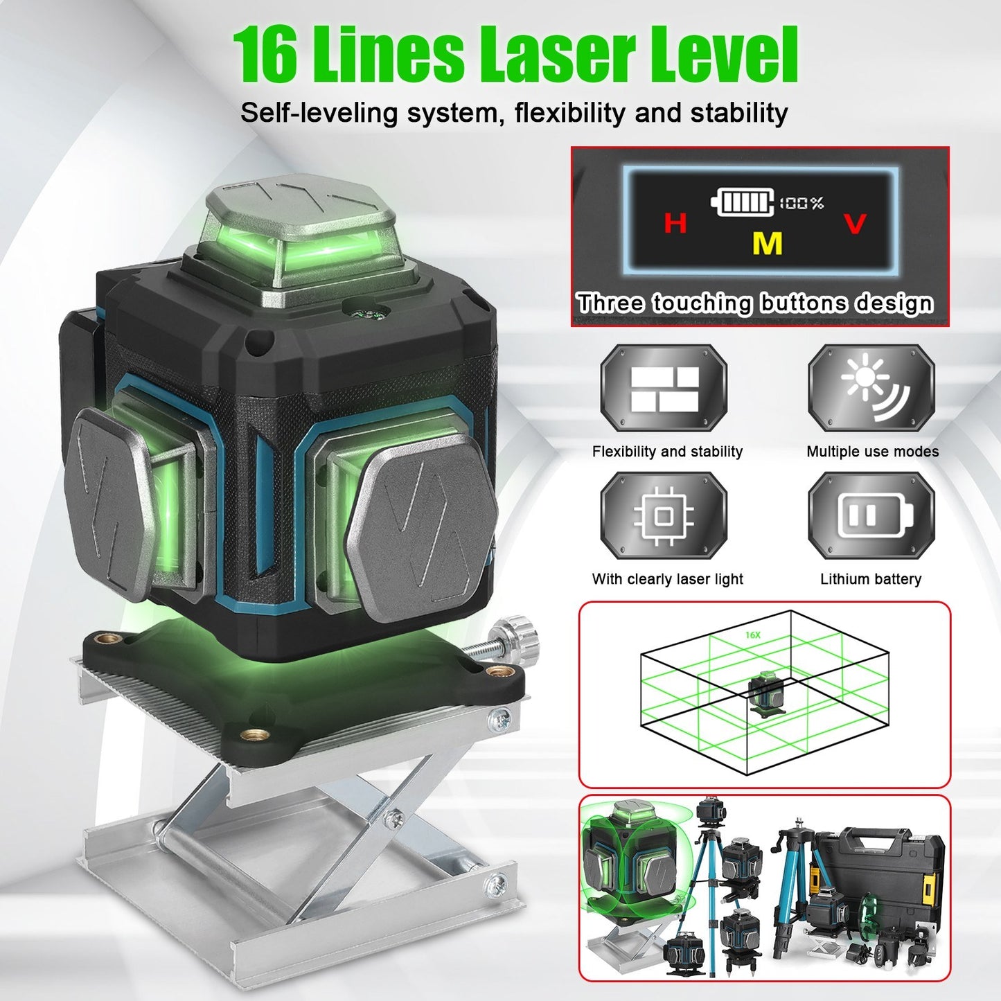 16-Line Multifunction Laser Level with Rechargeable Battery & Adjustable Tripod - Self-Leveling, Waterproof Home Improvement Tool Set