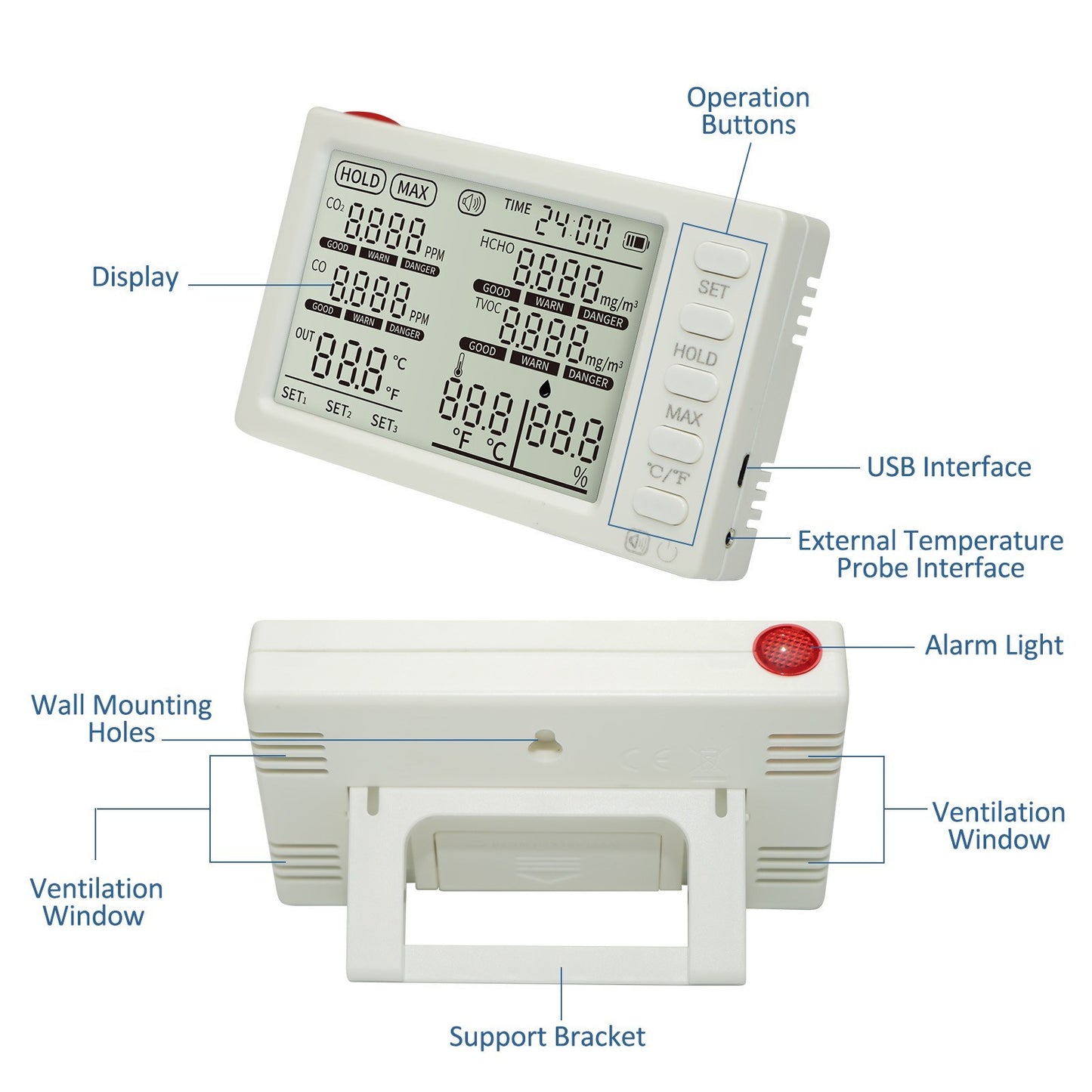 Portable 8-in-1 Indoor Air Quality Monitor with CO₂, HCHO, TVOC, CO, Temp/Humidity Sensor, External Probe & Clock for Office, School, Car