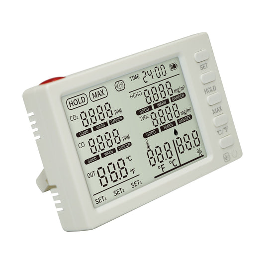 Portable 8-in-1 Indoor Air Quality Monitor with CO₂, HCHO, TVOC, CO, Temp/Humidity Sensor, External Probe & Clock for Office, School, Car
