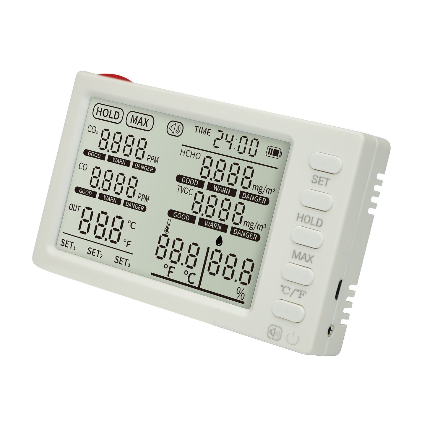 Portable 8-in-1 Indoor Air Quality Monitor with CO₂, HCHO, TVOC, CO, Temp/Humidity Sensor, External Probe & Clock for Office, School, Car