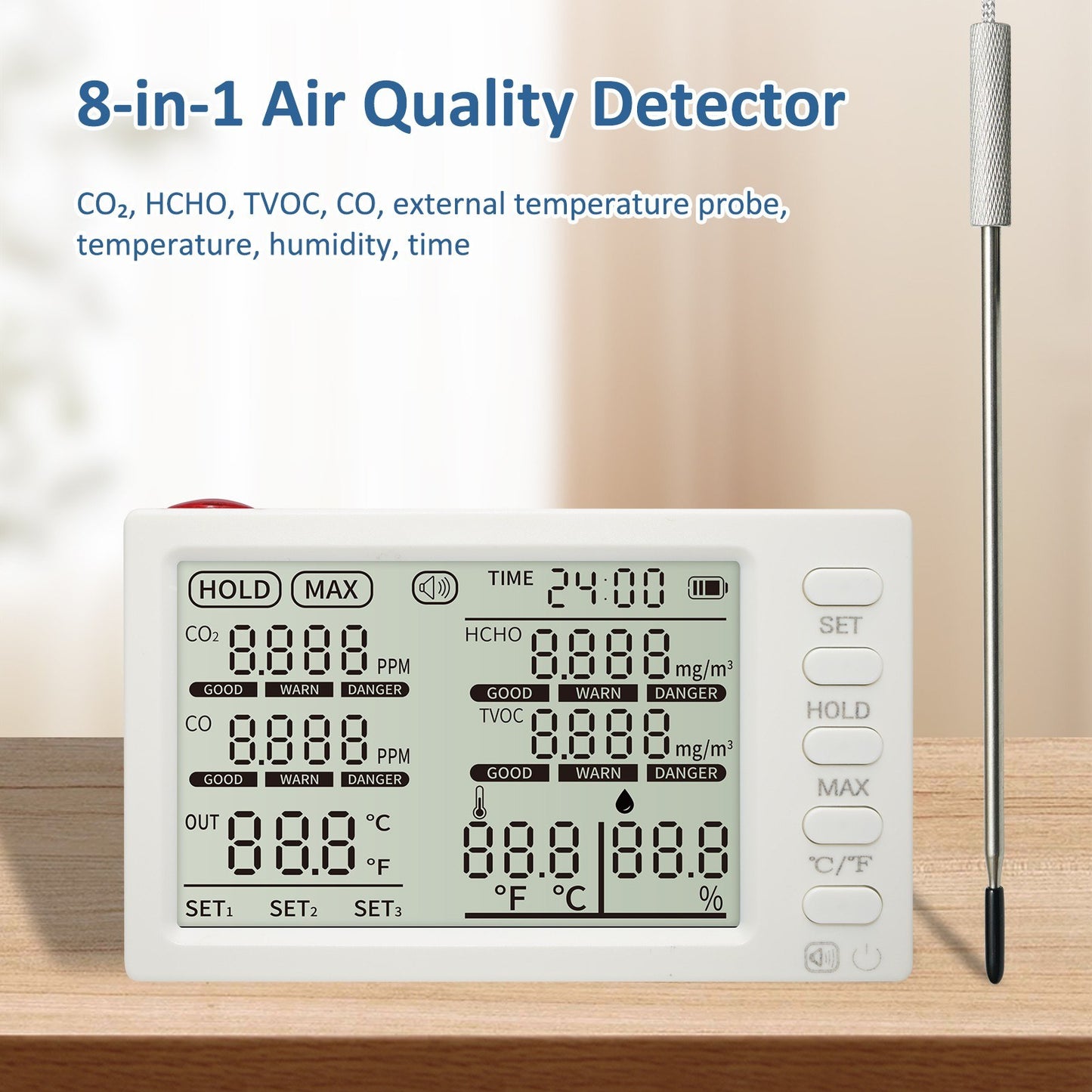 Portable 8-in-1 Indoor Air Quality Monitor with CO₂, HCHO, TVOC, CO, Temp/Humidity Sensor, External Probe & Clock for Office, School, Car