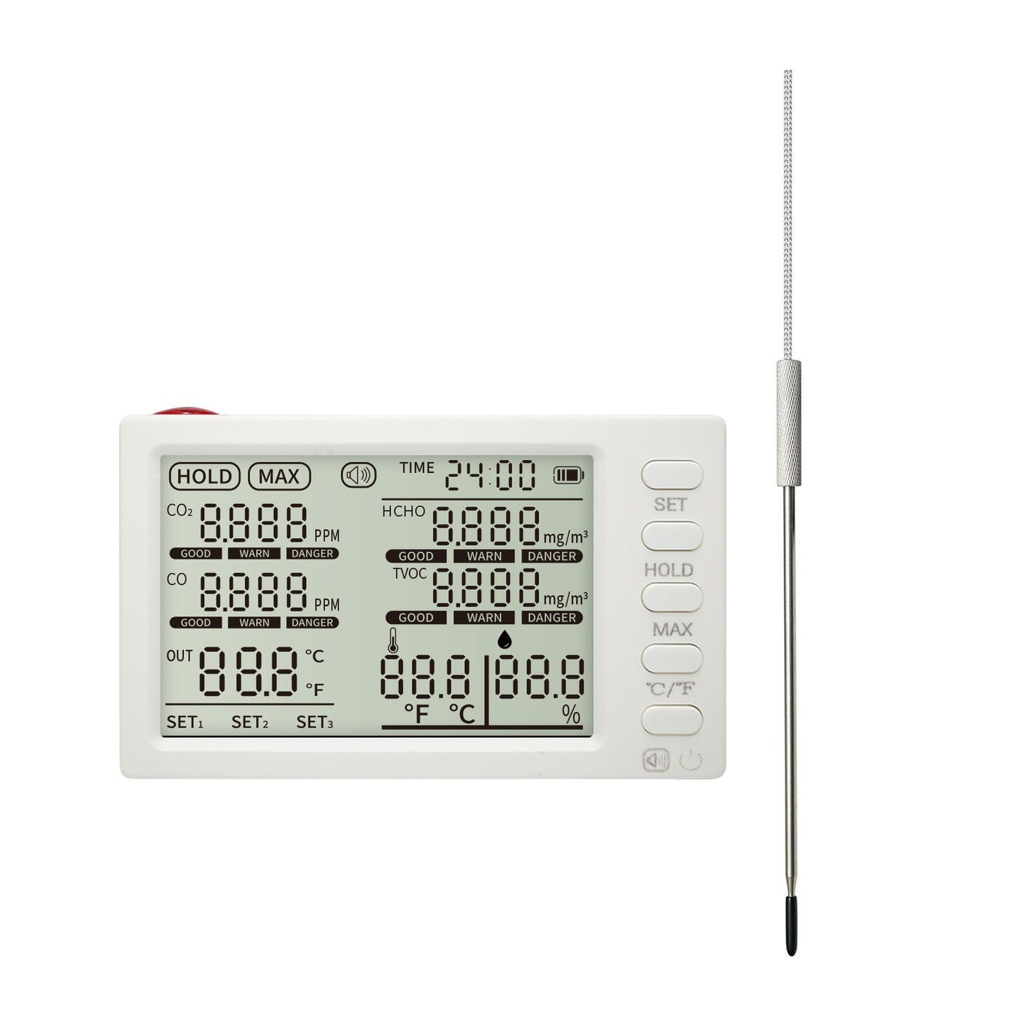 Portable 8-in-1 Indoor Air Quality Monitor with CO₂, HCHO, TVOC, CO, Temp/Humidity Sensor, External Probe & Clock for Office, School, Car