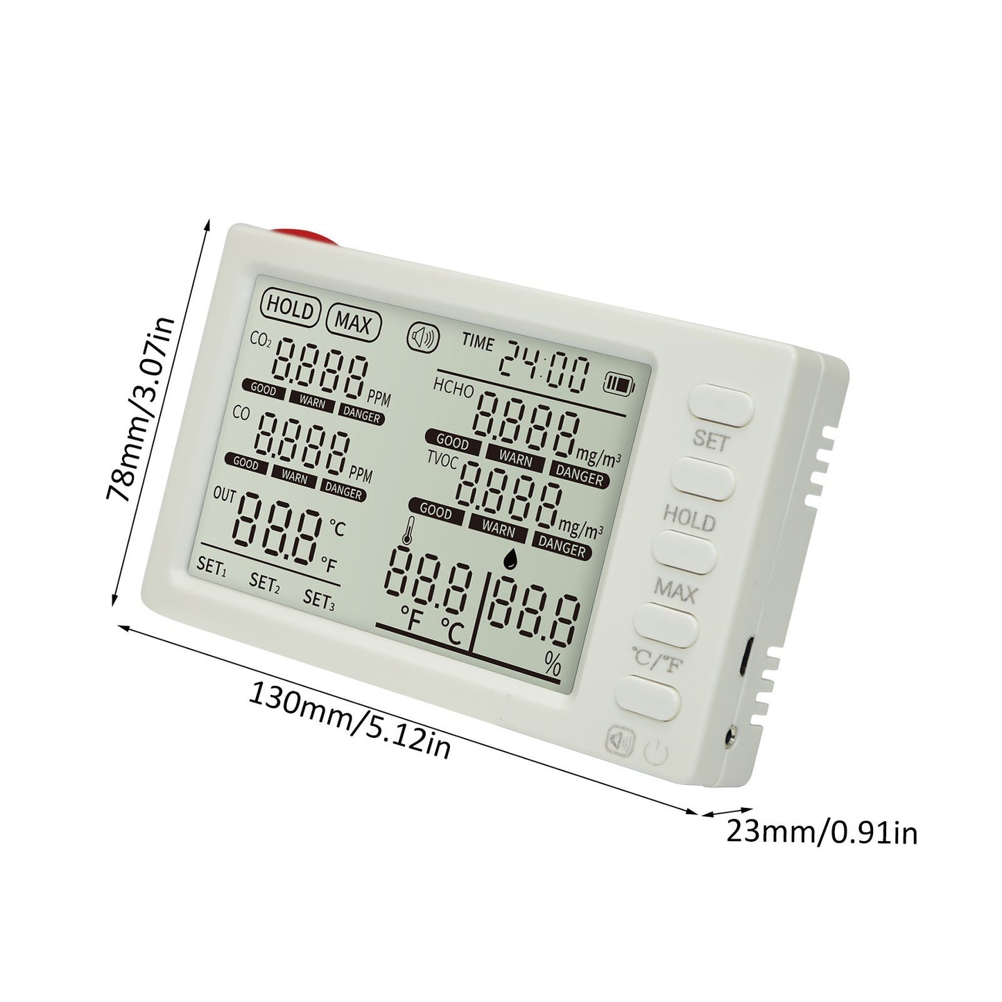 Portable 8-in-1 Indoor Air Quality Monitor with CO₂, HCHO, TVOC, CO, Temp/Humidity Sensor, External Probe & Clock for Office, School, Car