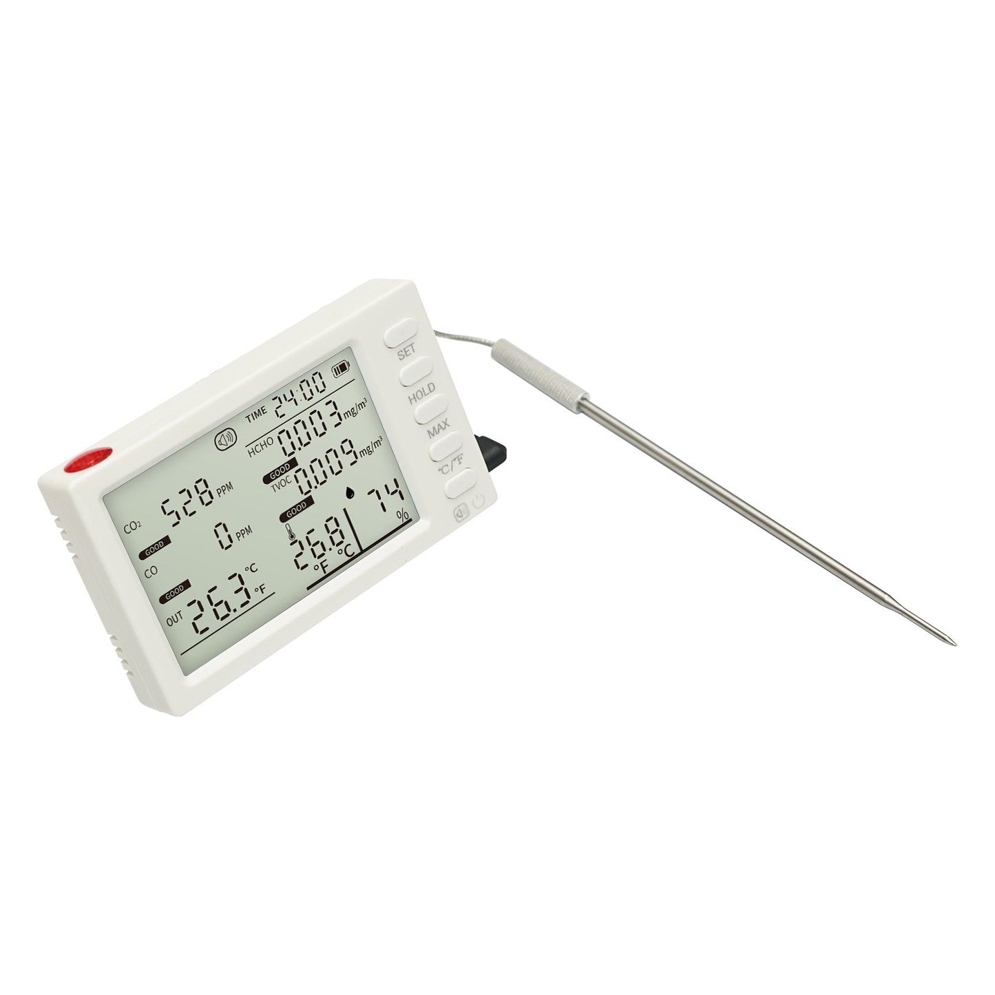 Portable 8-in-1 Indoor Air Quality Monitor with CO₂, HCHO, TVOC, CO, Temp/Humidity Sensor, External Probe & Clock for Office, School, Car