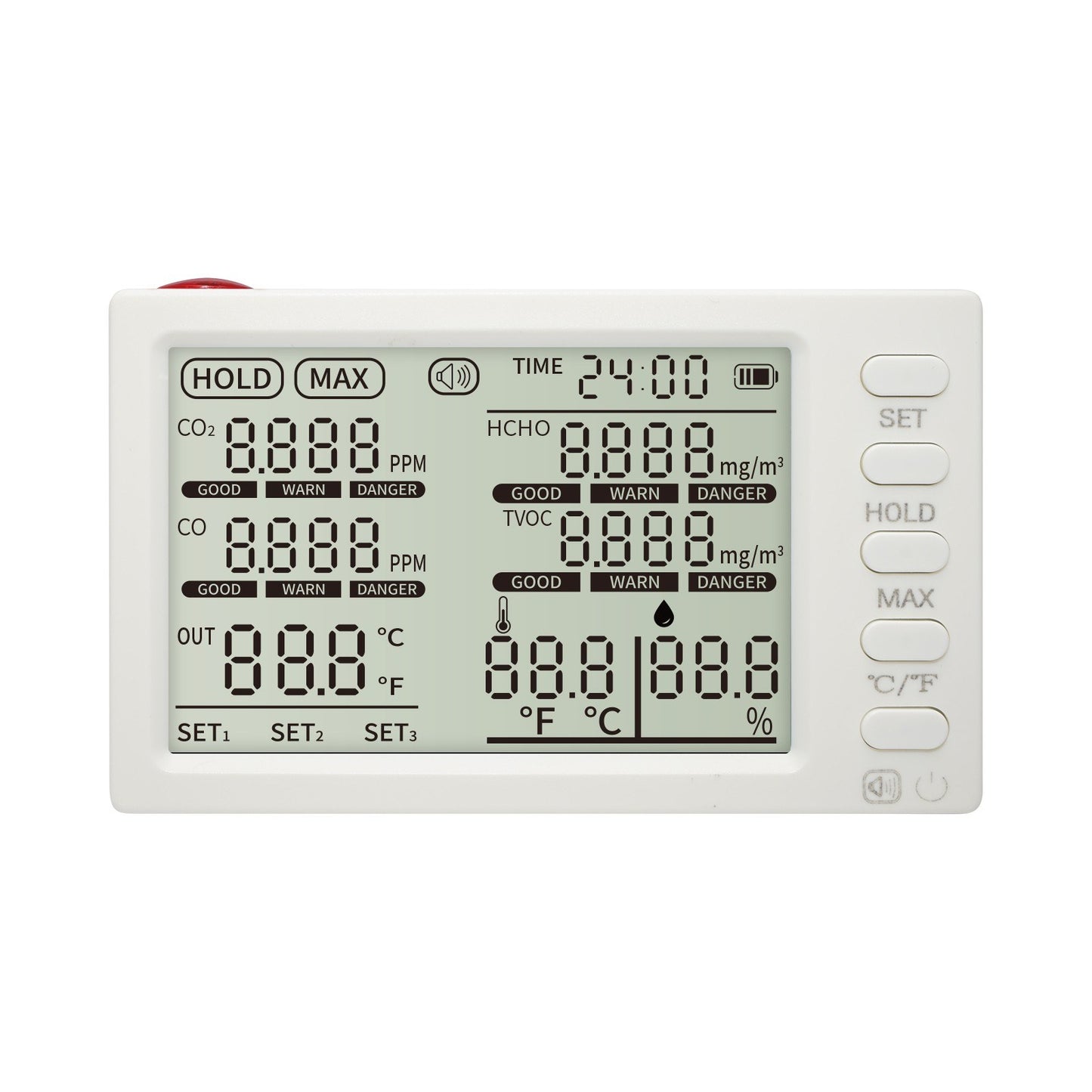 Portable 8-in-1 Indoor Air Quality Monitor with CO₂, HCHO, TVOC, CO, Temp/Humidity Sensor, External Probe & Clock for Office, School, Car