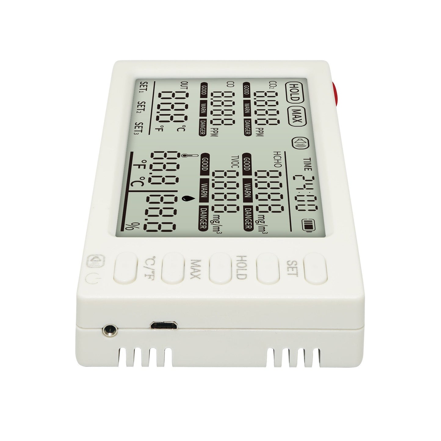 Portable 8-in-1 Indoor Air Quality Monitor with CO₂, HCHO, TVOC, CO, Temp/Humidity Sensor, External Probe & Clock for Office, School, Car