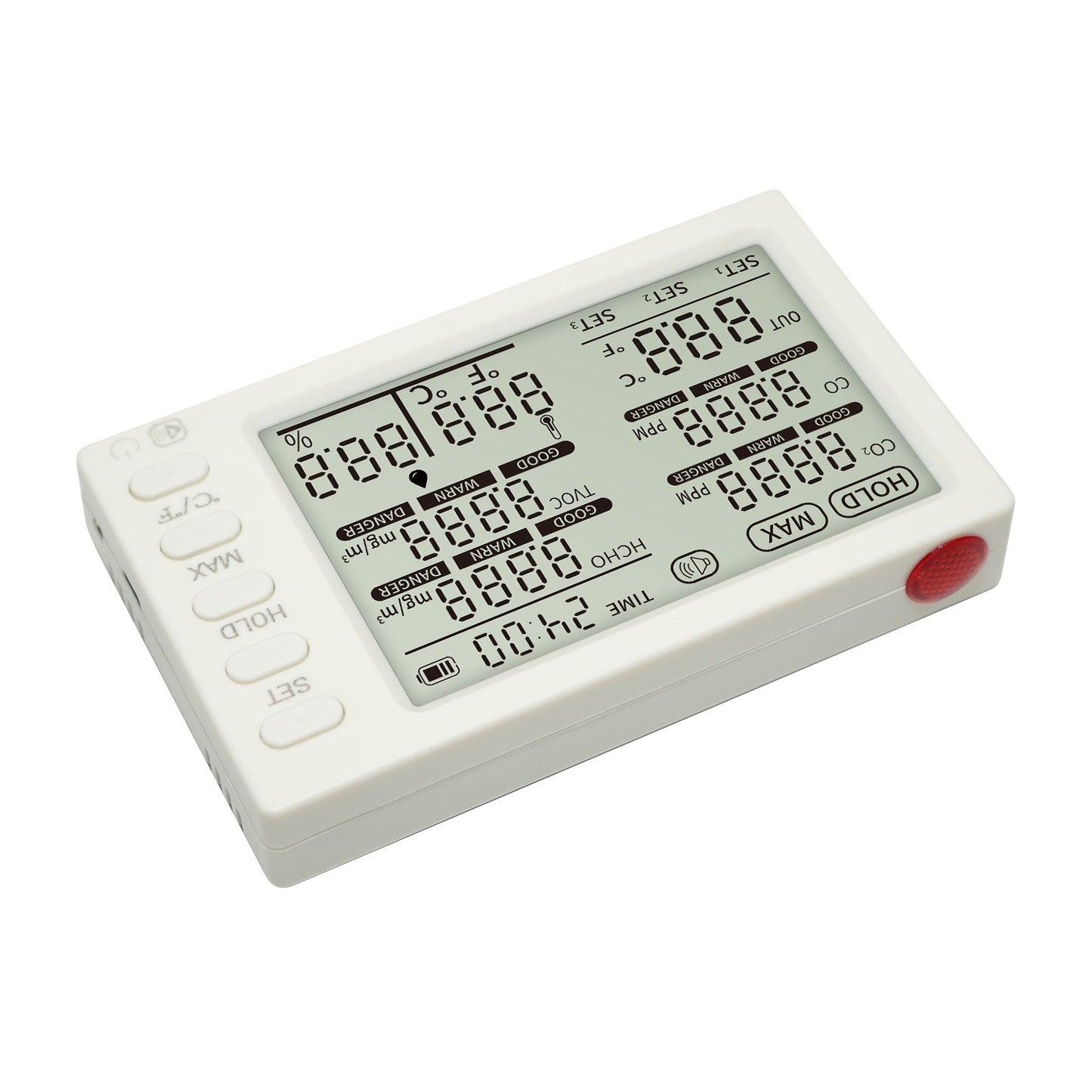 Portable 8-in-1 Indoor Air Quality Monitor with CO₂, HCHO, TVOC, CO, Temp/Humidity Sensor, External Probe & Clock for Office, School, Car