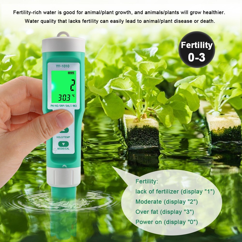 10-in-1 Digital Water Quality Tester: PH, EC, TDS, ORP, H2, Fertility, Salinity, S.G, MΩ, Temperature for Aquariums