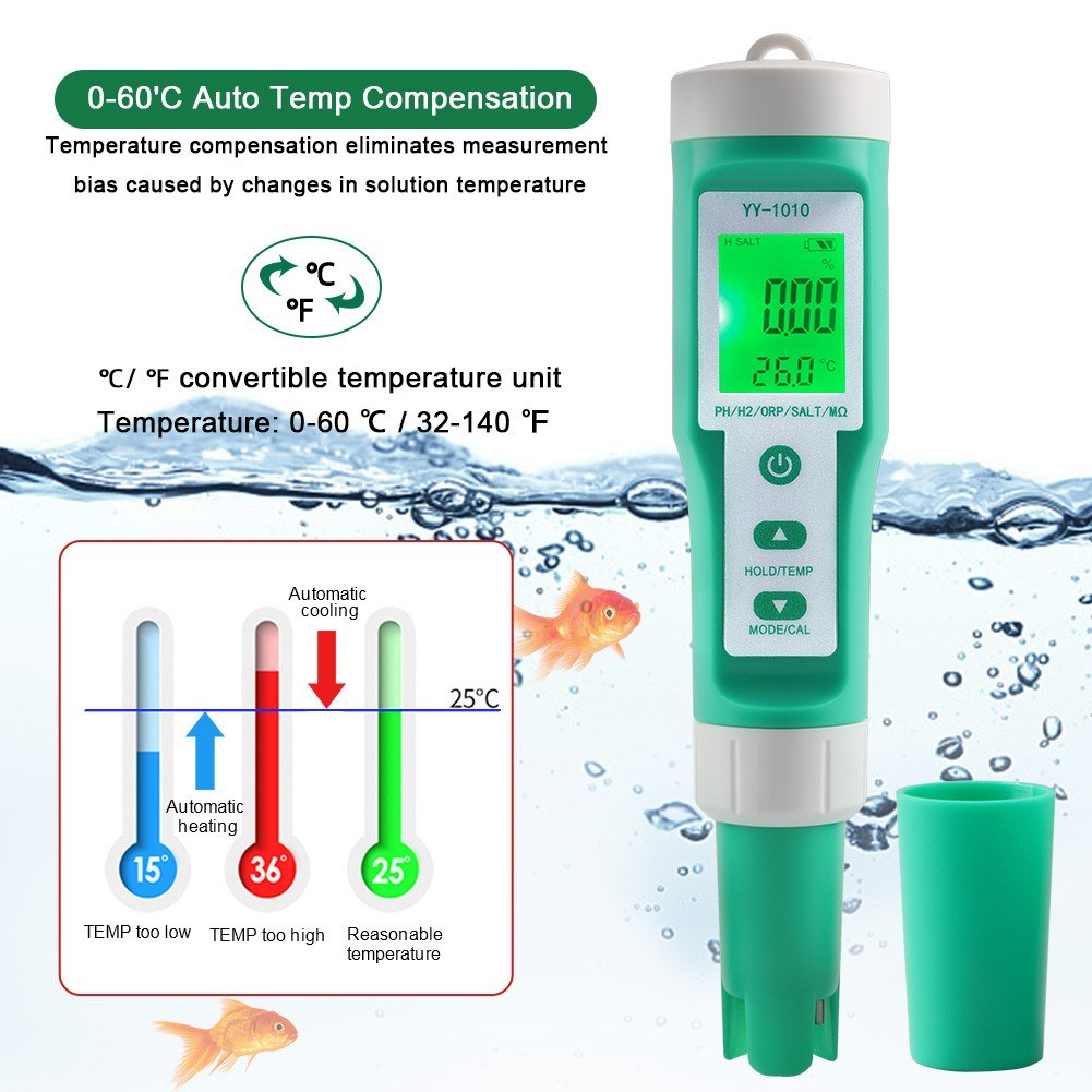 10-in-1 Digital Water Quality Tester: PH, EC, TDS, ORP, H2, Fertility, Salinity, S.G, MΩ, Temperature for Aquariums