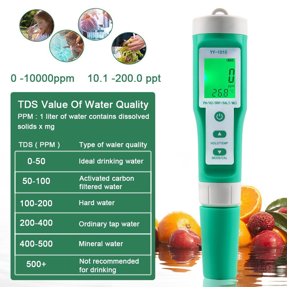 10-in-1 Digital Water Quality Tester: PH, EC, TDS, ORP, H2, Fertility, Salinity, S.G, MΩ, Temperature for Aquariums