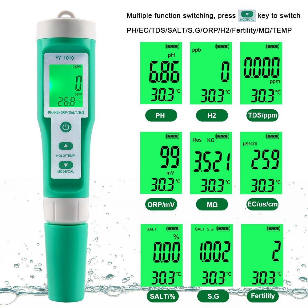 10-in-1 Digital Water Quality Tester: PH, EC, TDS, ORP, H2, Fertility, Salinity, S.G, MΩ, Temperature for Aquariums