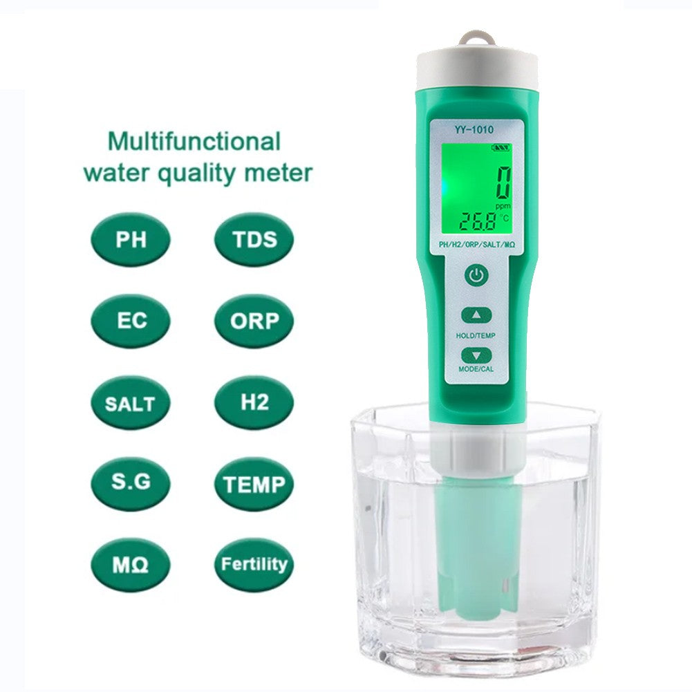 10-in-1 Digital Water Quality Tester: PH, EC, TDS, ORP, H2, Fertility, Salinity, S.G, MΩ, Temperature for Aquariums