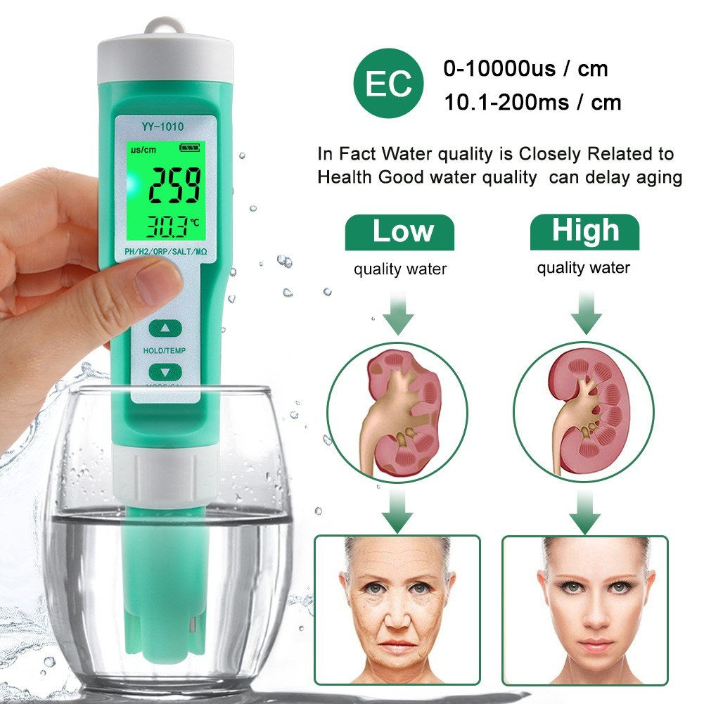 10-in-1 Digital Water Quality Tester: PH, EC, TDS, ORP, H2, Fertility, Salinity, S.G, MΩ, Temperature for Aquariums