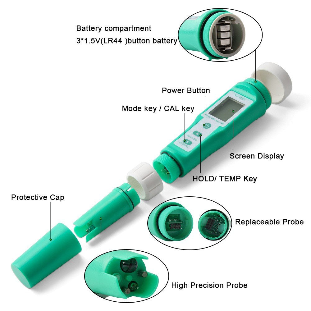 10-in-1 Digital Water Quality Tester: PH, EC, TDS, ORP, H2, Fertility, Salinity, S.G, MΩ, Temperature for Aquariums