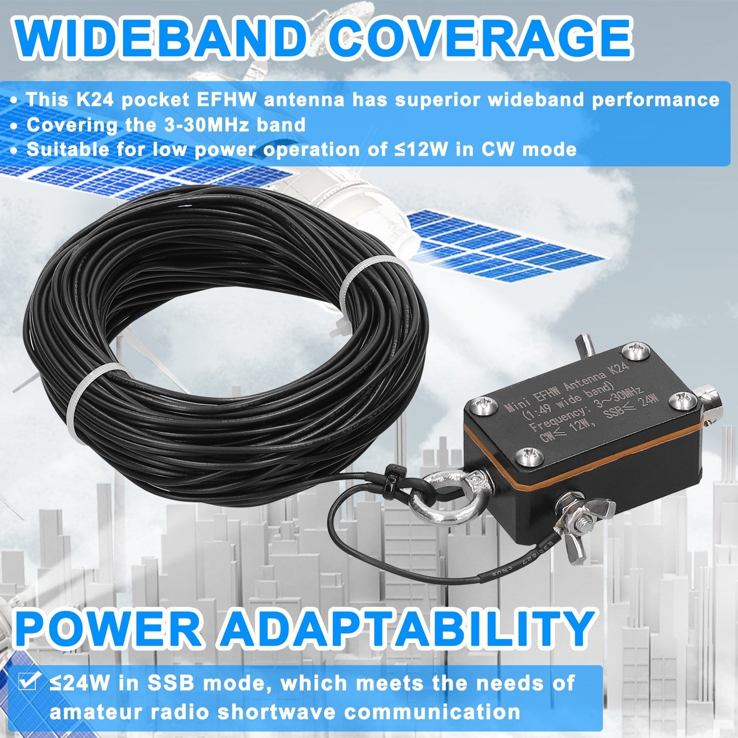 Compact Wideband EFHW Shortwave Antenna K24 (3-30MHz) with Storage Bag