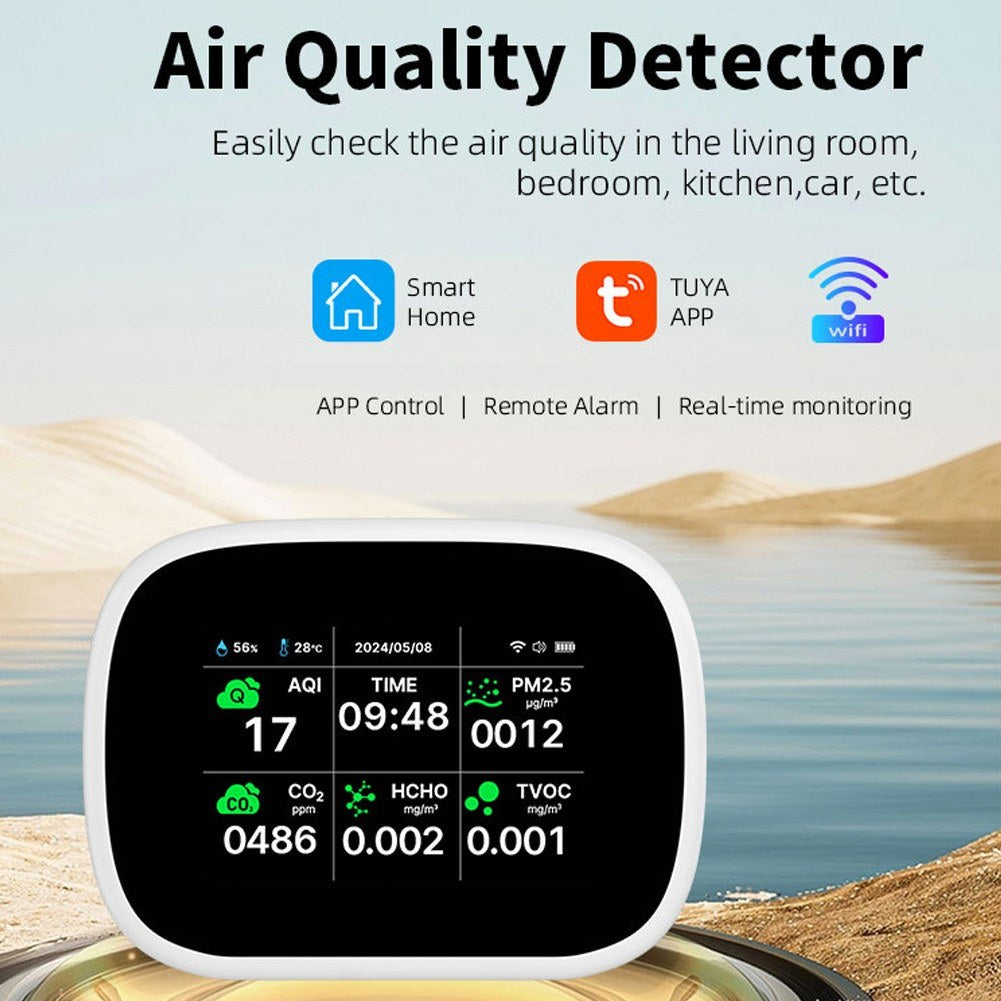 Tuya WiFi 10-in-1 Portable Air Quality Detector, AQI Monitor for PM2.5/PM1.0/PM10/CO2/TVOC/HCHO, TFT Display, Multifunctional Time, Temperature & Humidity Tester
