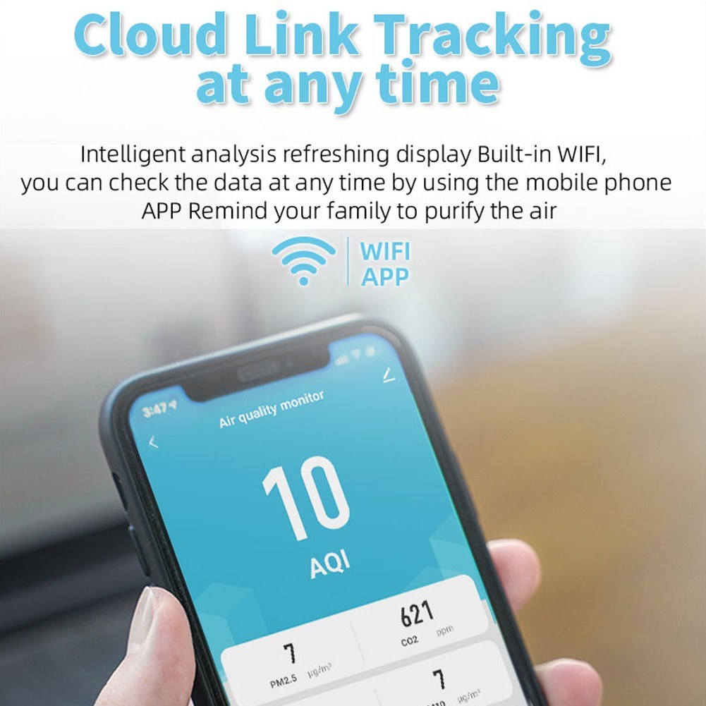 Tuya WiFi 10-in-1 Portable Air Quality Detector, AQI Monitor for PM2.5/PM1.0/PM10/CO2/TVOC/HCHO, TFT Display, Multifunctional Time, Temperature & Humidity Tester