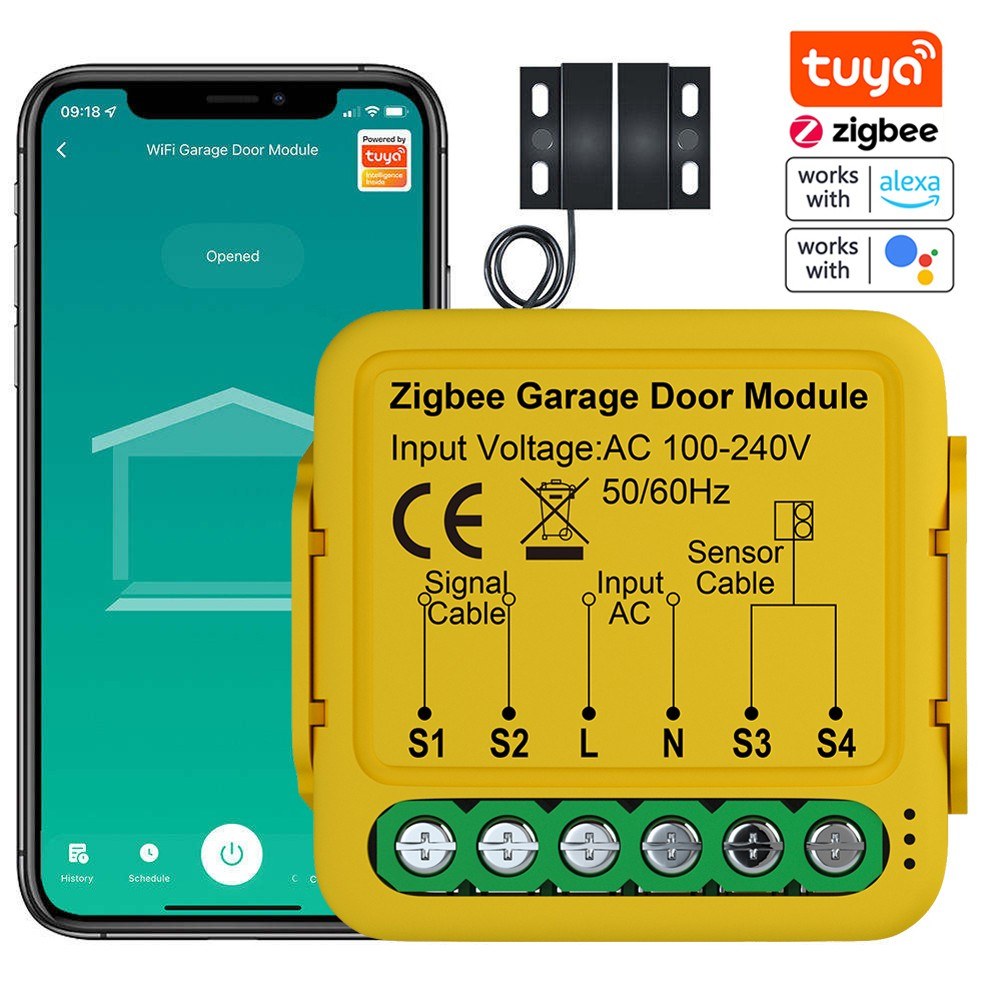 Tuya ZigBee Smart Garage Door Opener Module, Mobile App & Voice Control Compatible with Alexa and Google Home