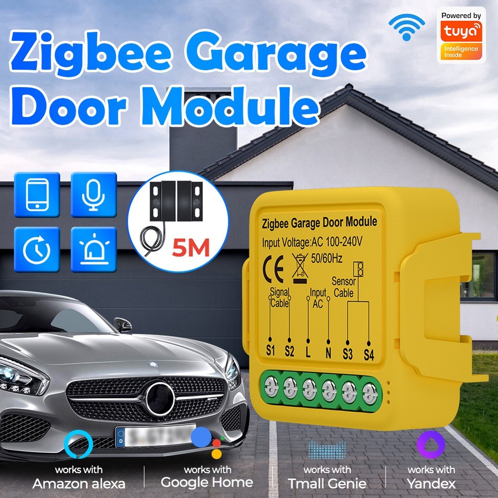 Tuya ZigBee Smart Garage Door Opener Module, Mobile App & Voice Control Compatible with Alexa and Google Home