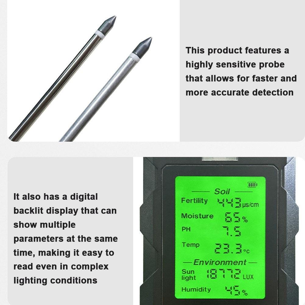 6-in-1 Multifunctional Soil Tester for pH, Temperature, Humidity, Sunlight, Air Moisture - Versatile Gardening Tool for Potted Plants & Flowers