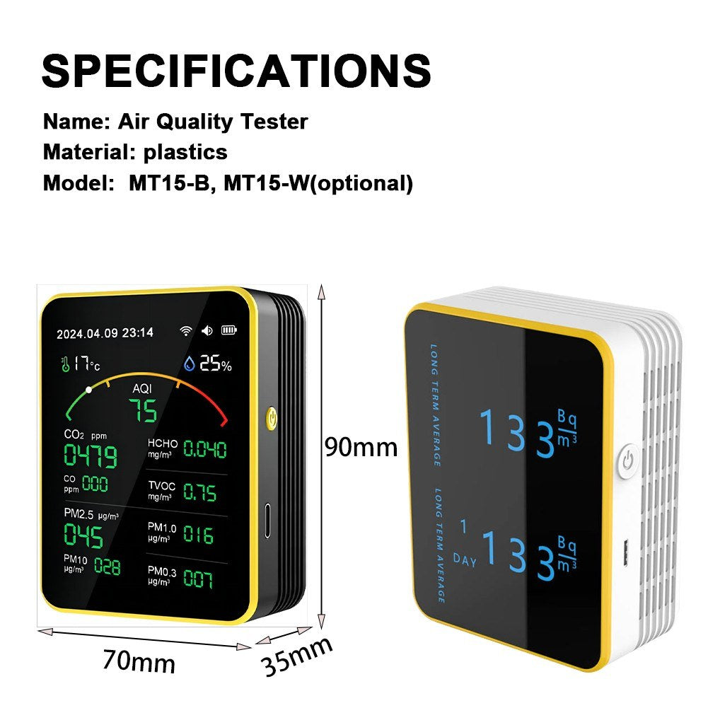 Tuya WiFi Air Quality Detector 15-in-1: Portable AQI Monitor for PM Levels, CO, CO2, TVOC, HCHO with TFT Display & Alarm Clock Timer