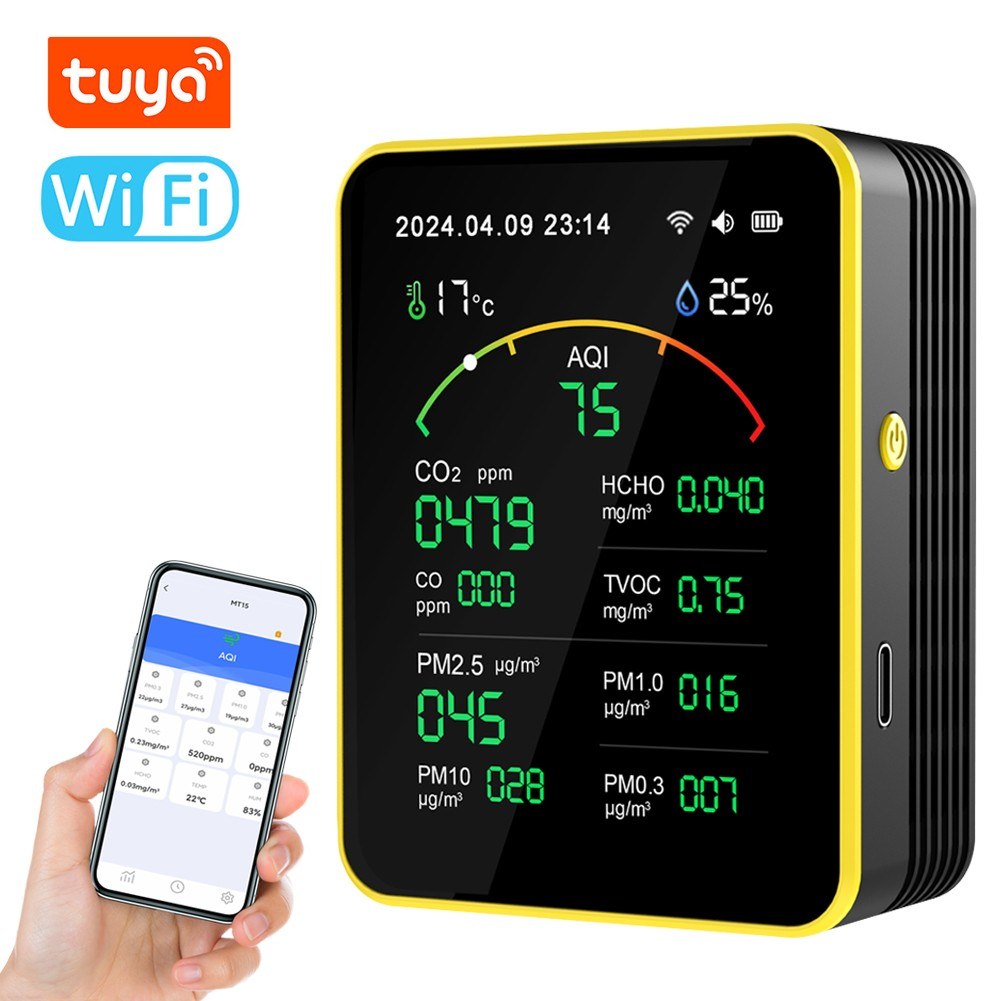 Tuya WiFi Air Quality Detector 15-in-1: Portable AQI Monitor for PM Levels, CO, CO2, TVOC, HCHO with TFT Display & Alarm Clock Timer