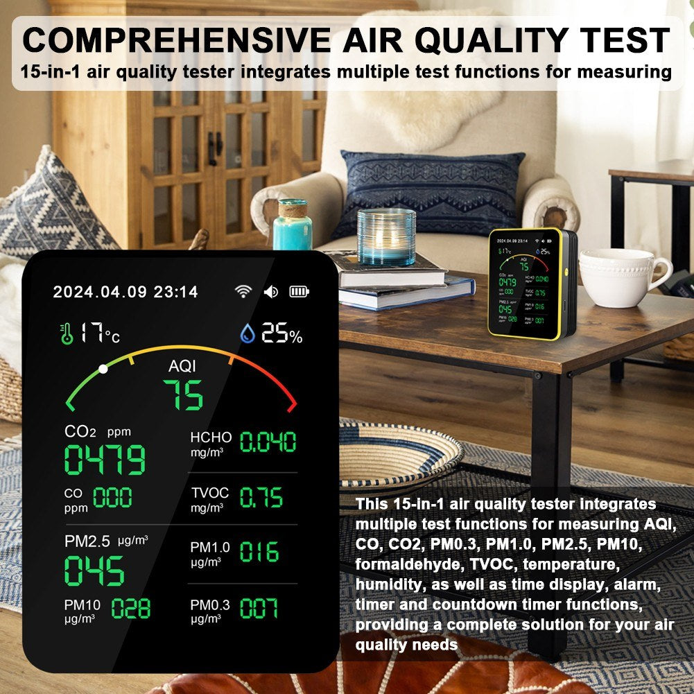 Tuya WiFi Air Quality Detector 15-in-1: Portable AQI Monitor for PM Levels, CO, CO2, TVOC, HCHO with TFT Display & Alarm Clock Timer