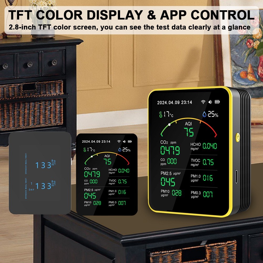 Tuya WiFi Air Quality Detector 15-in-1: Portable AQI Monitor for PM Levels, CO, CO2, TVOC, HCHO with TFT Display & Alarm Clock Timer