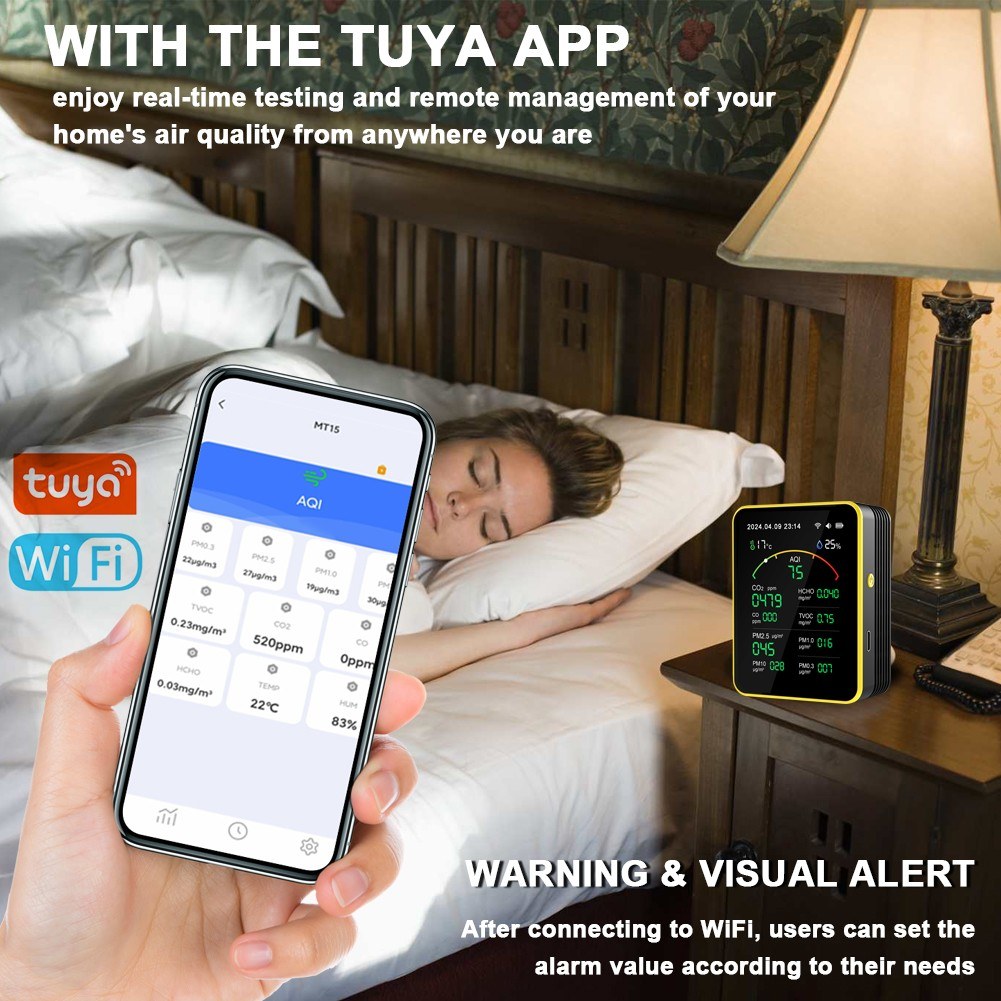 Tuya WiFi Air Quality Detector 15-in-1: Portable AQI Monitor for PM Levels, CO, CO2, TVOC, HCHO with TFT Display & Alarm Clock Timer