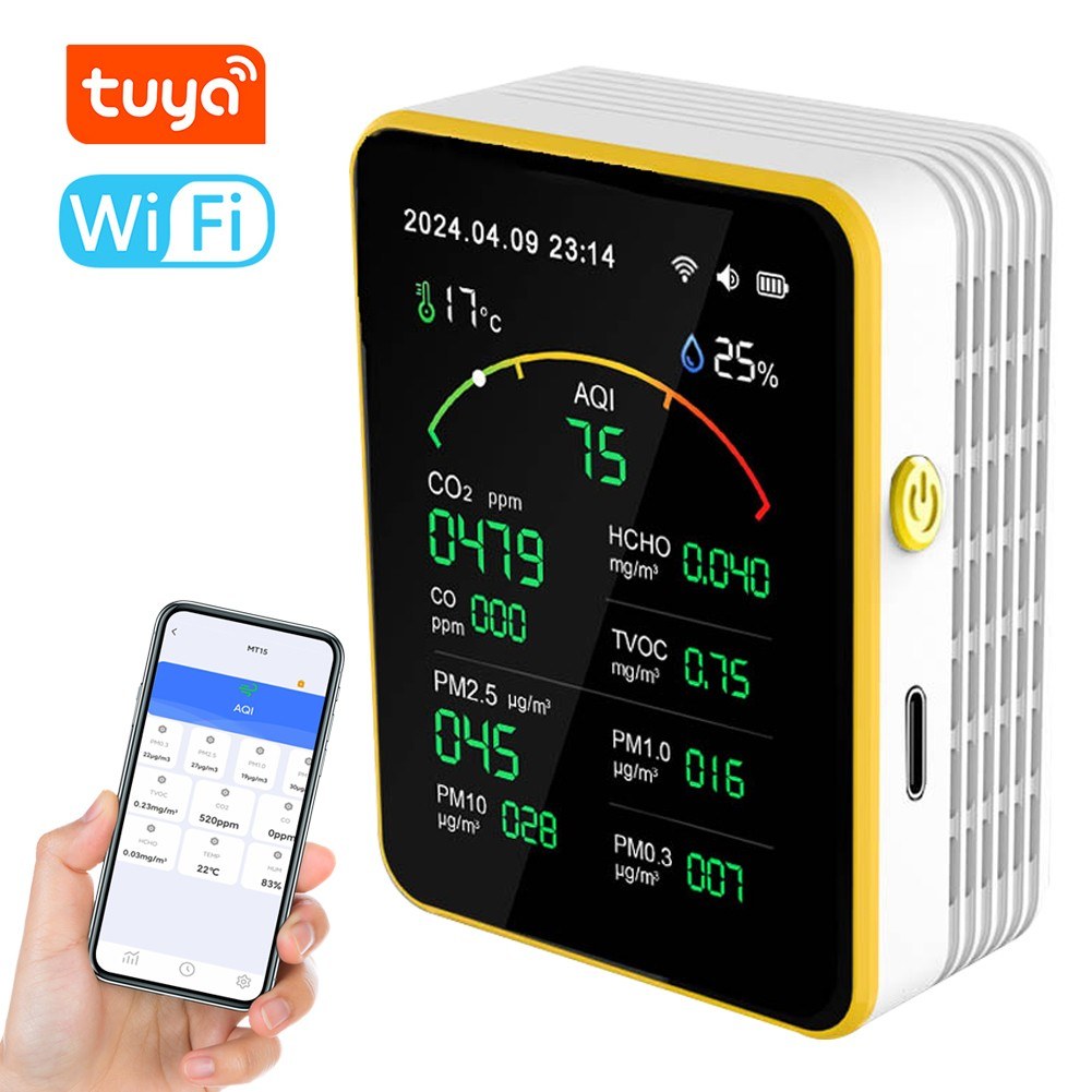 Tuya WiFi Air Quality Detector 15-in-1: Portable AQI Monitor for PM Levels, CO, CO2, TVOC, HCHO with TFT Display & Alarm Clock Timer