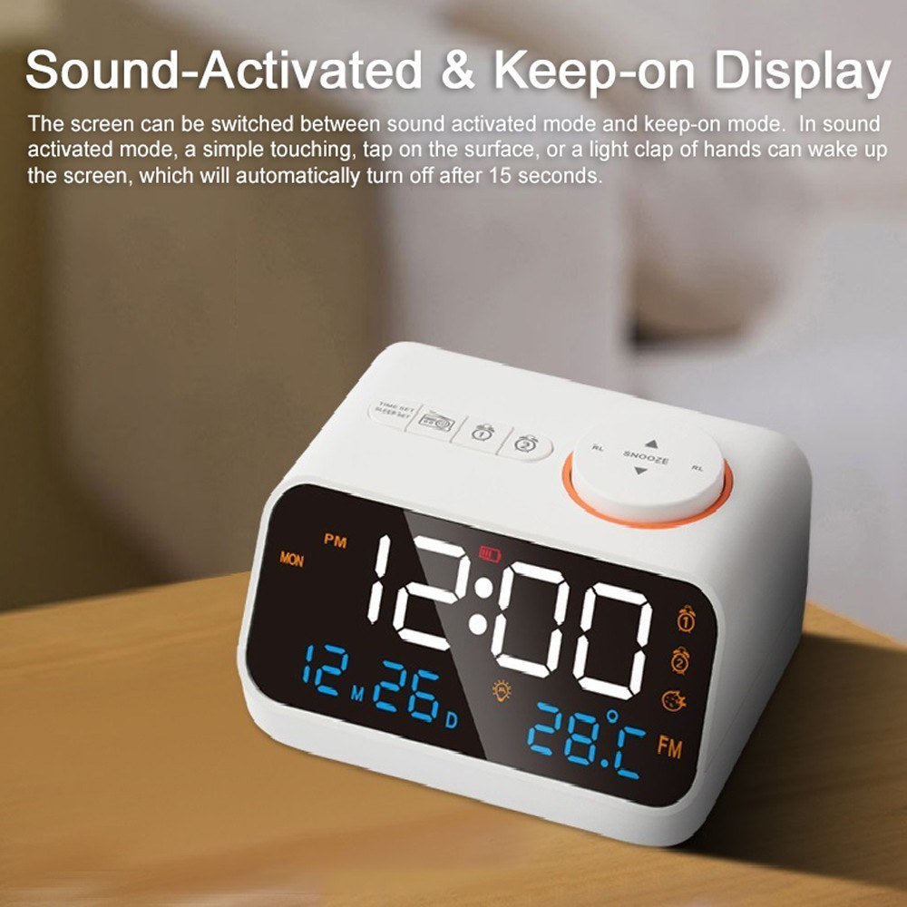 Rechargeable LED Digital Alarm Clock with FM Radio, Temperature & Humidity Display, Sound-Activated, Adjustable Brightness/Volume, Snooze Function